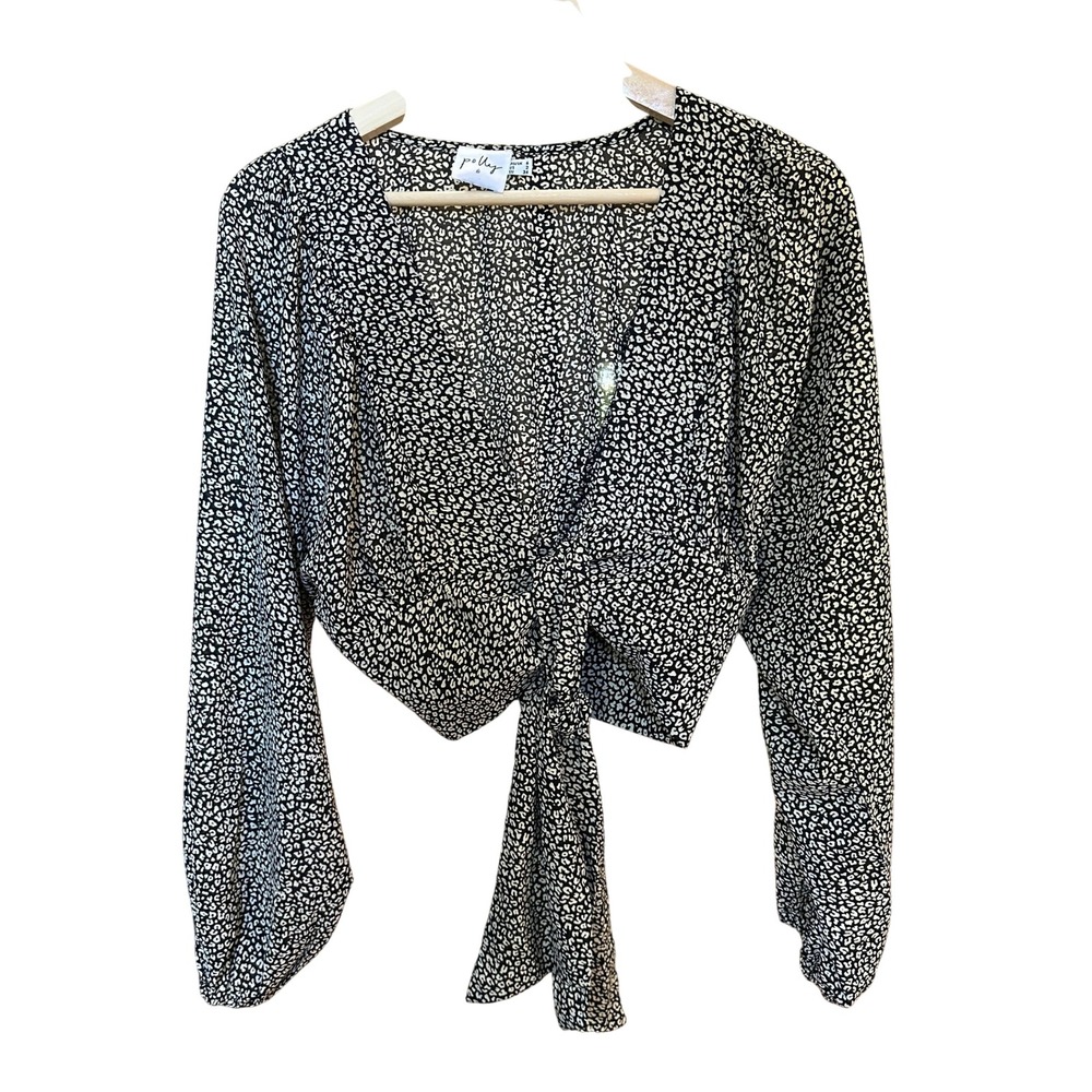Polly Tie Front Crop Top Womens Black White Leopard Print Long Sleeve Blouse